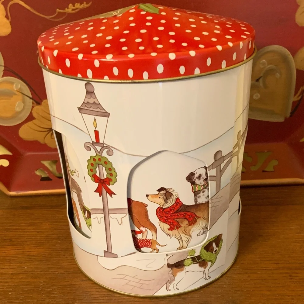 Pier 1 Christmas Rotating Musical Cookie Tin with Winter Dogs PlaysJingle Bells